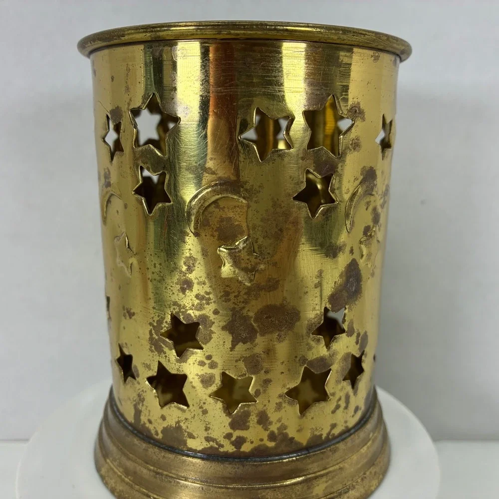 Vintage Brass Celestial Star and Moon Cutout Candle Holder Sleeve Patina Gold